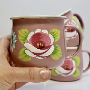 Canal Roses handpainted white enamel mugs with white roses & daisies