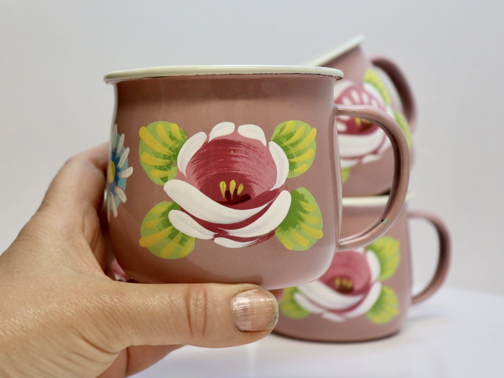 Canal Roses handpainted white enamel mugs with white roses & daisies