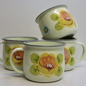 Canal Roses handpainted cream enamel mugs with yellow roses & daisies