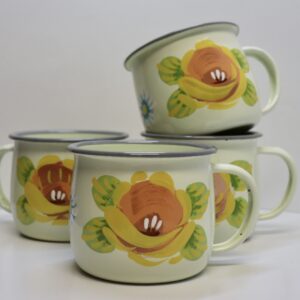 Canal Roses handpainted cream enamel mugs with yellow roses & daisies