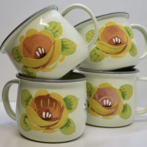 Canal Roses handpainted cream enamel mugs with yellow roses & daisies