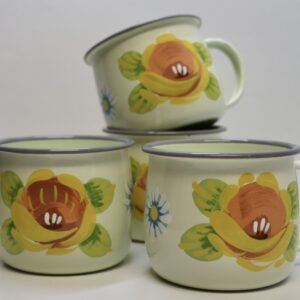 Canal Roses handpainted cream enamel mugs with yellow roses & daisies