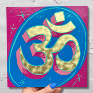 'OM' sacred symbol hand-painted and gilded onto wood in magenta and blue paints and 24ct gold leaf. Measures 20x20cm