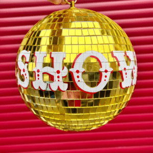 'Show Time' DISCO mirror ball. Circus style handpainted lettering in red and white enamel paints onto gold mirror ball measuring approx 30cm diameter