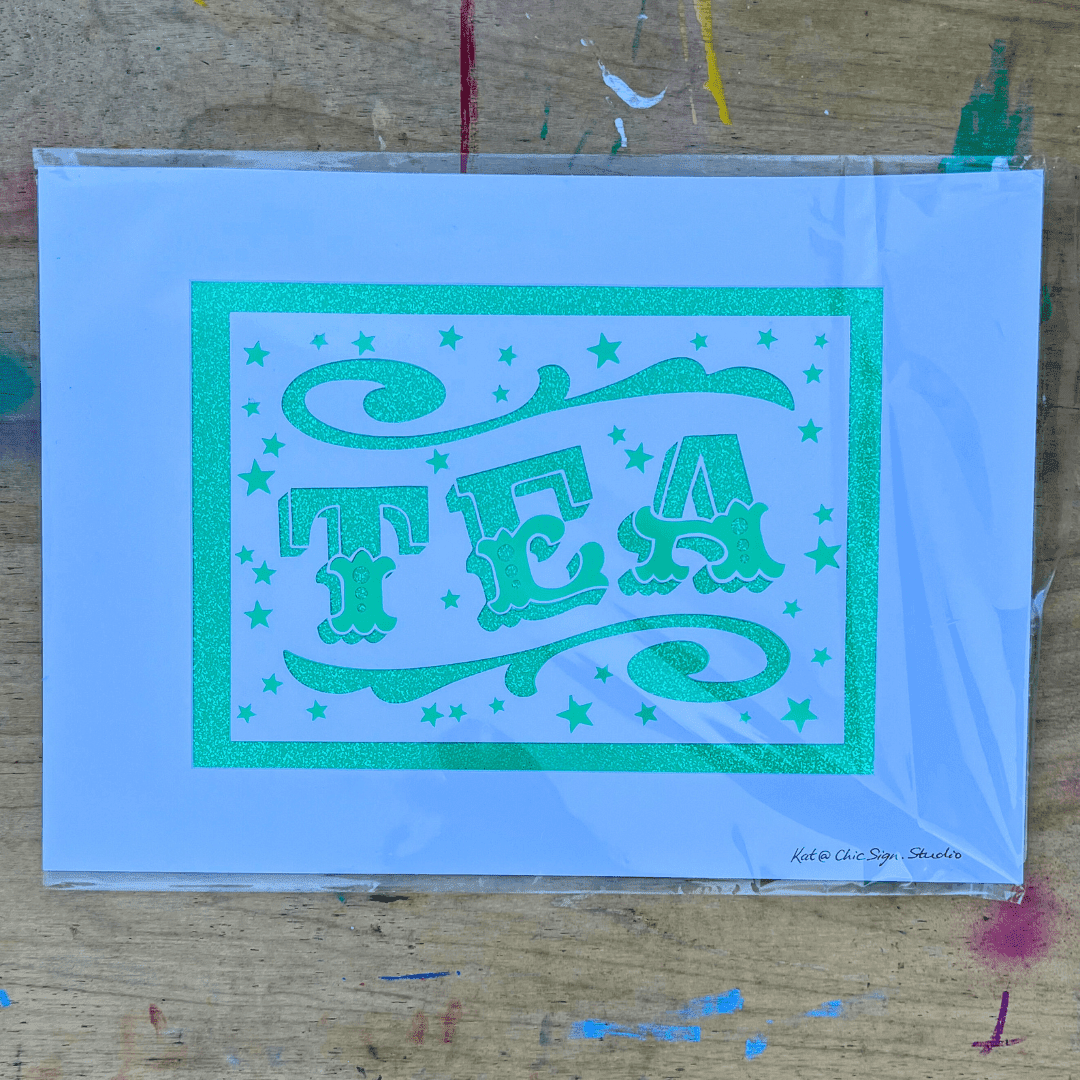 TEA papercut lettering art A3 poster in cellophane envelope