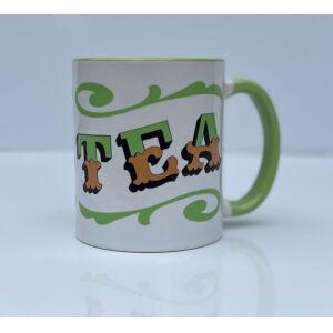 White & green ceramic mug with Circus Style hand-lettered ‘TEA’ design