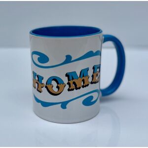 White & blue ceramic mug with Circus Style hand-lettered ‘HOME’ design