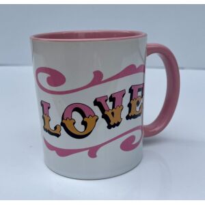 White & pink ceramic mug with Circus Style hand-lettered ‘LOVE’ design