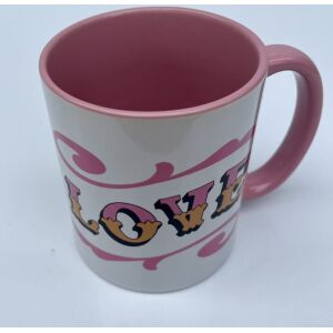 White & pink ceramic mug with Circus Style hand-lettered ‘LOVE’ design