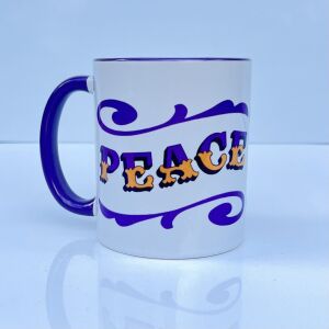 White & purple ceramic mug with Circus Style hand-lettered ‘PEACE’ design