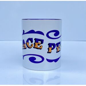 White & purple ceramic mug with Circus Style hand-lettered ‘PEACE’ design