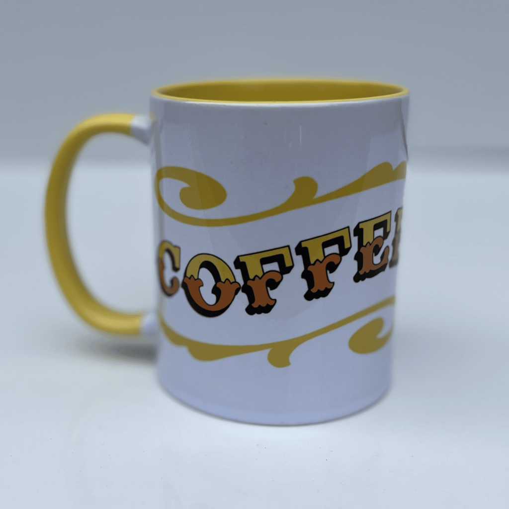 Circus Style hand-lettered ‘COFFEE’ Mug with colour inside