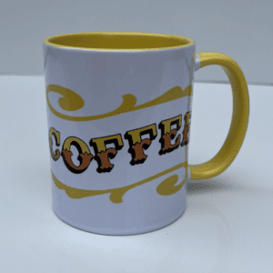 Circus Style hand-lettered ‘COFFEE’ Mug with colour inside