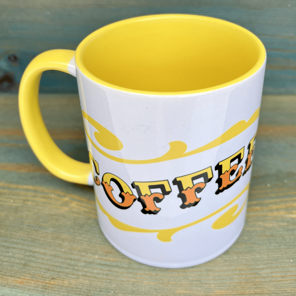 Circus Style hand-lettered ‘COFFEE’ Mug with colour inside