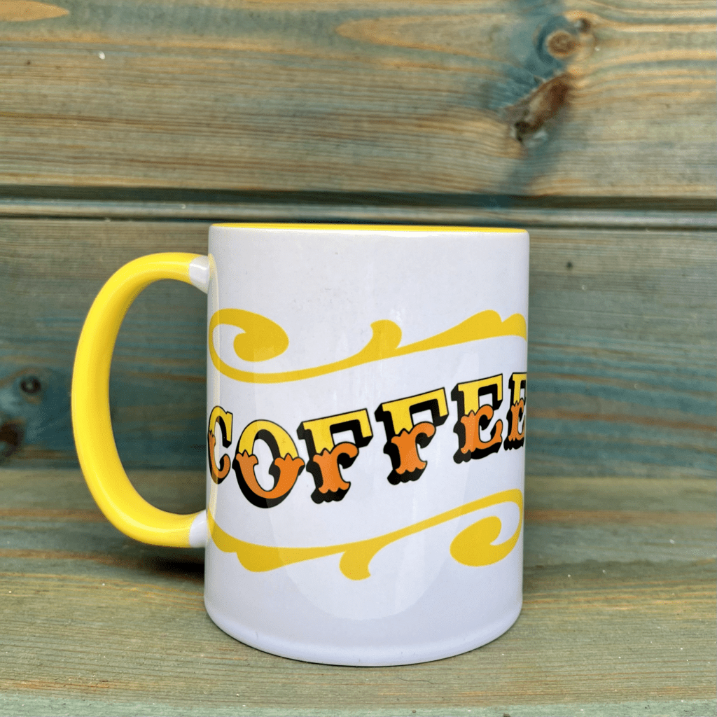 Circus Style hand-lettered ‘COFFEE’ Mug with colour inside