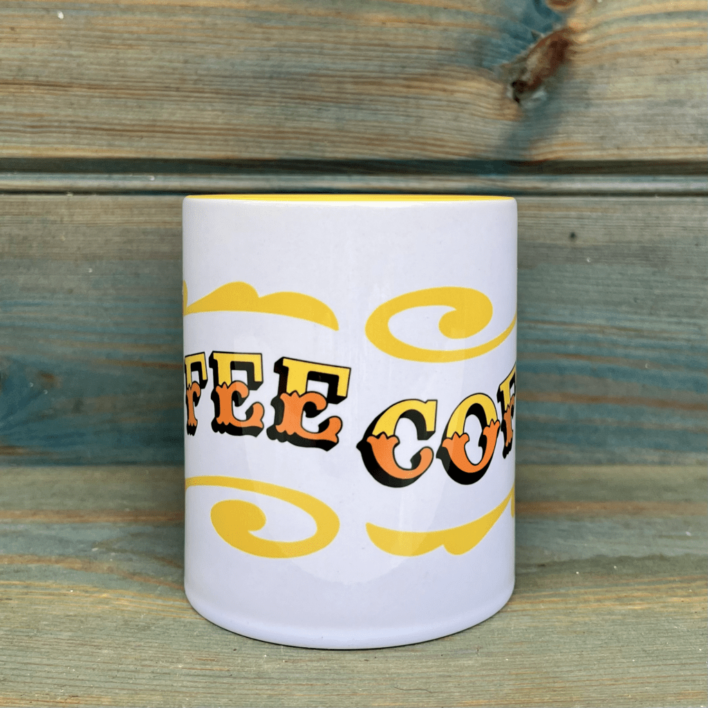 Circus Style hand-lettered ‘COFFEE’ Mug with colour inside