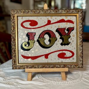 ‘JOY’ Glass Gold leaf Circus Style Lettering Artwork with Glitter and Decorative Scrolls