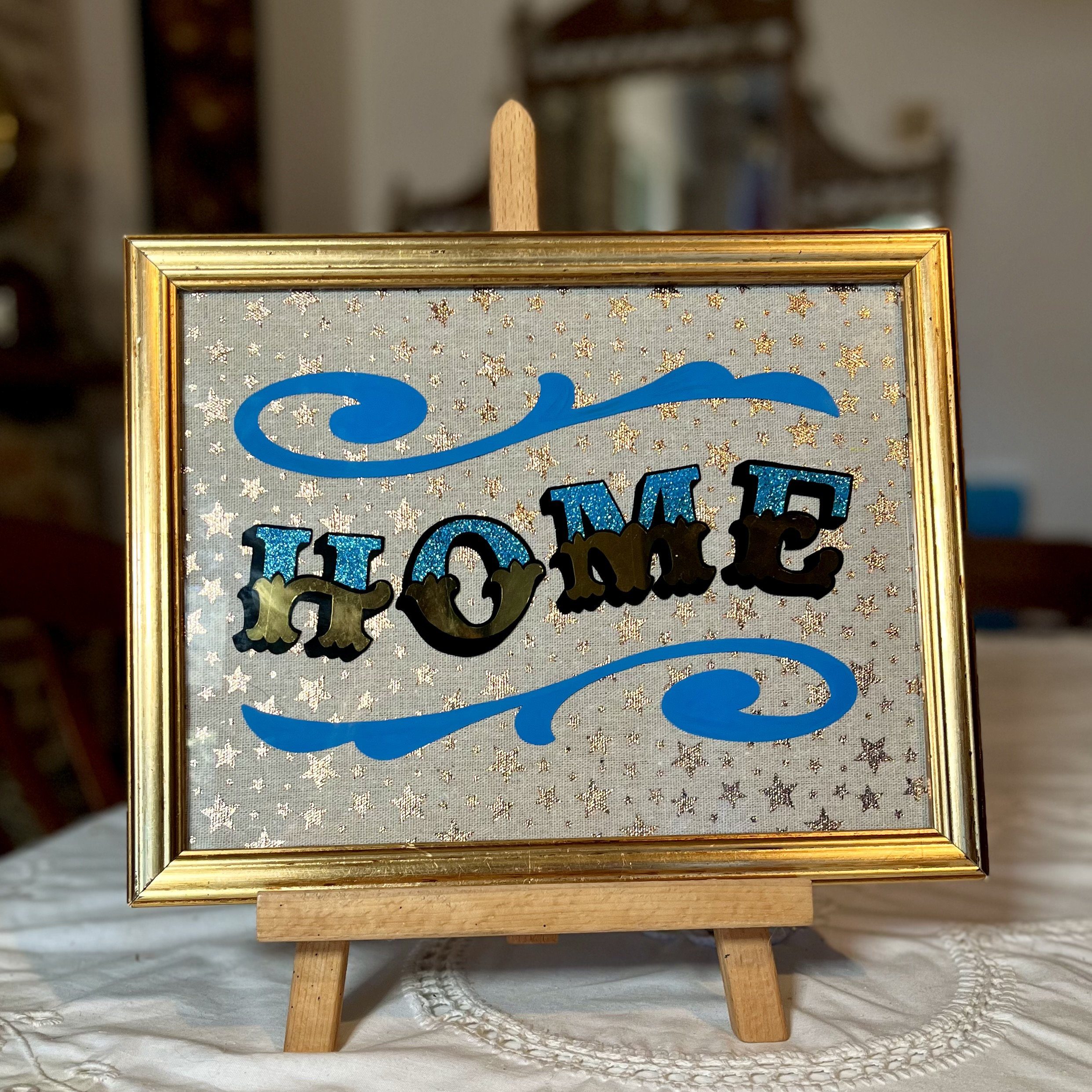 ‘HOME’ Glass Gold leaf Circus Style Lettering Artwork with Glitter and Decorative Scrolls