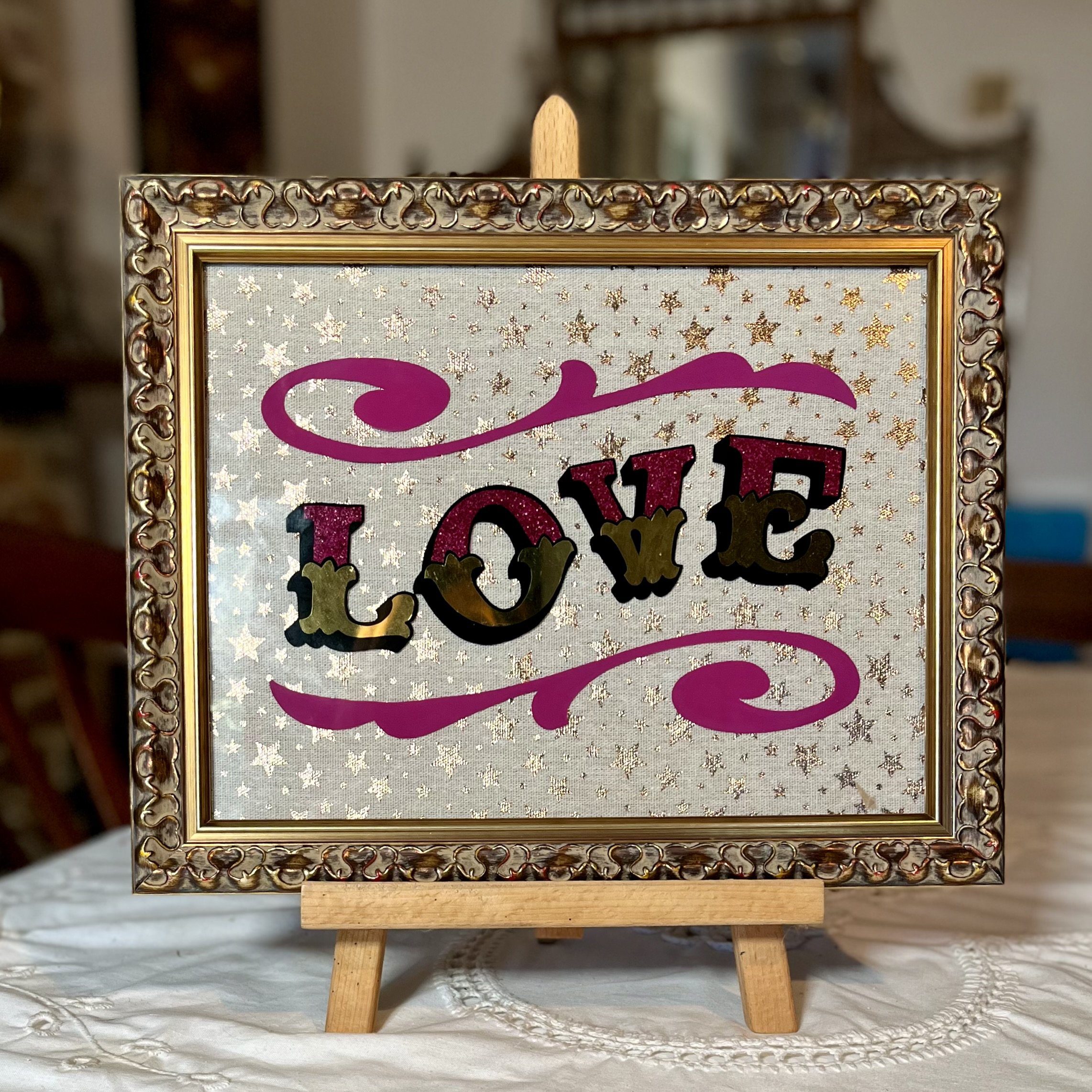 ‘LOVE’ Glass Gold leaf Circus Style Lettering Artwork with Glitter and Decorative Scrolls