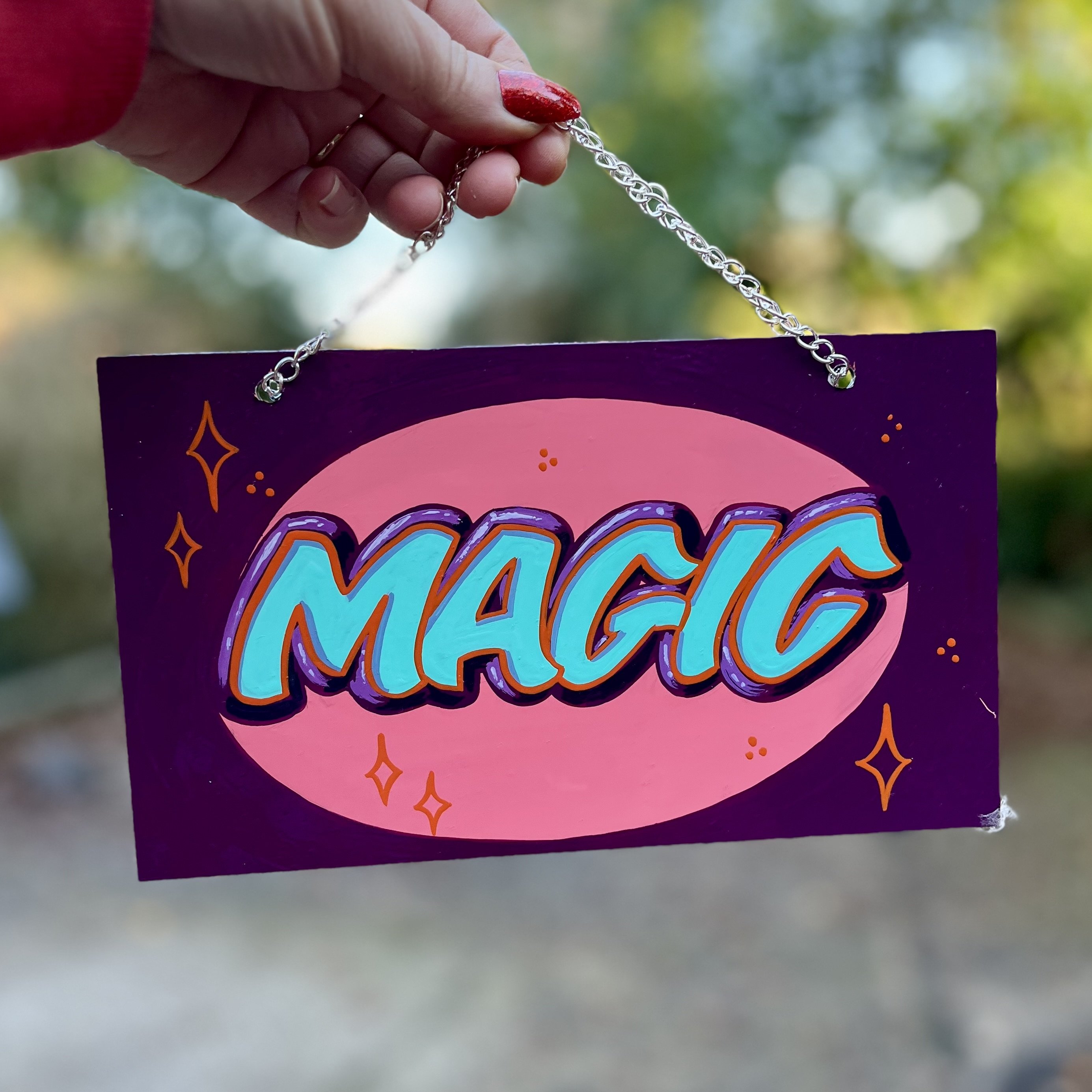 MAGIC small handpainted sign with chain