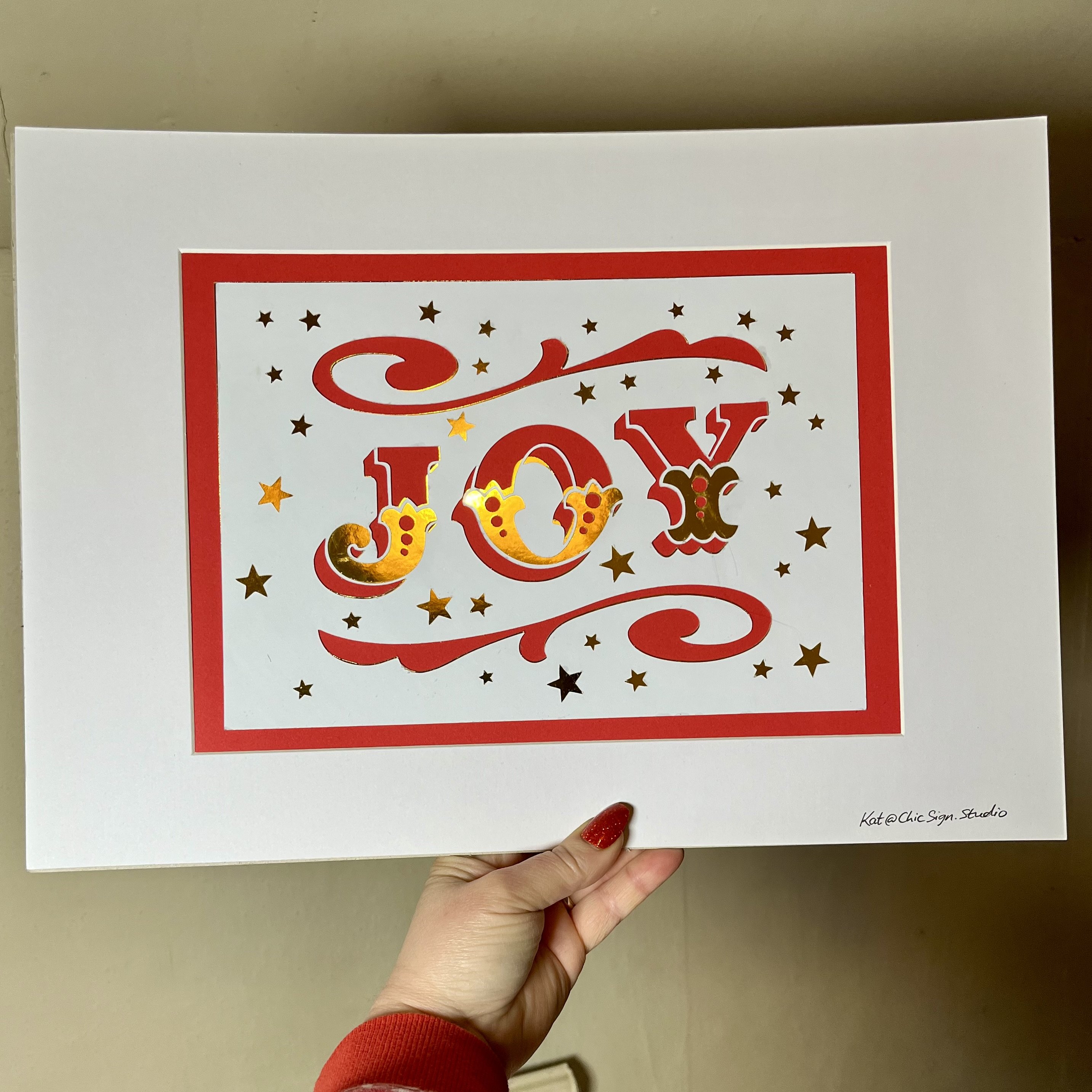 JOY handfinished papercut lettering artwork with window mount and backing board in red white and gold card