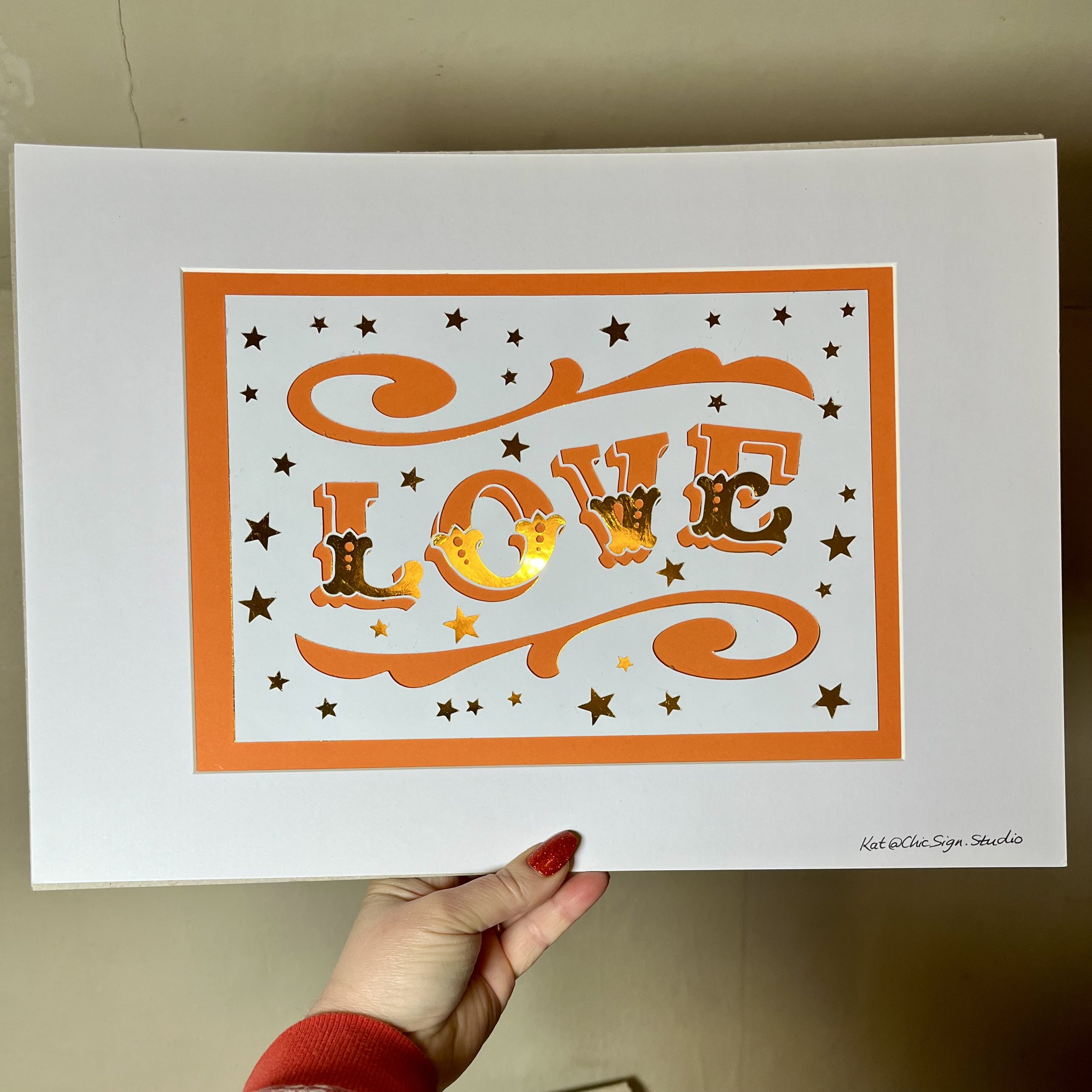 LOVE papercut lettering art A3 poster orange