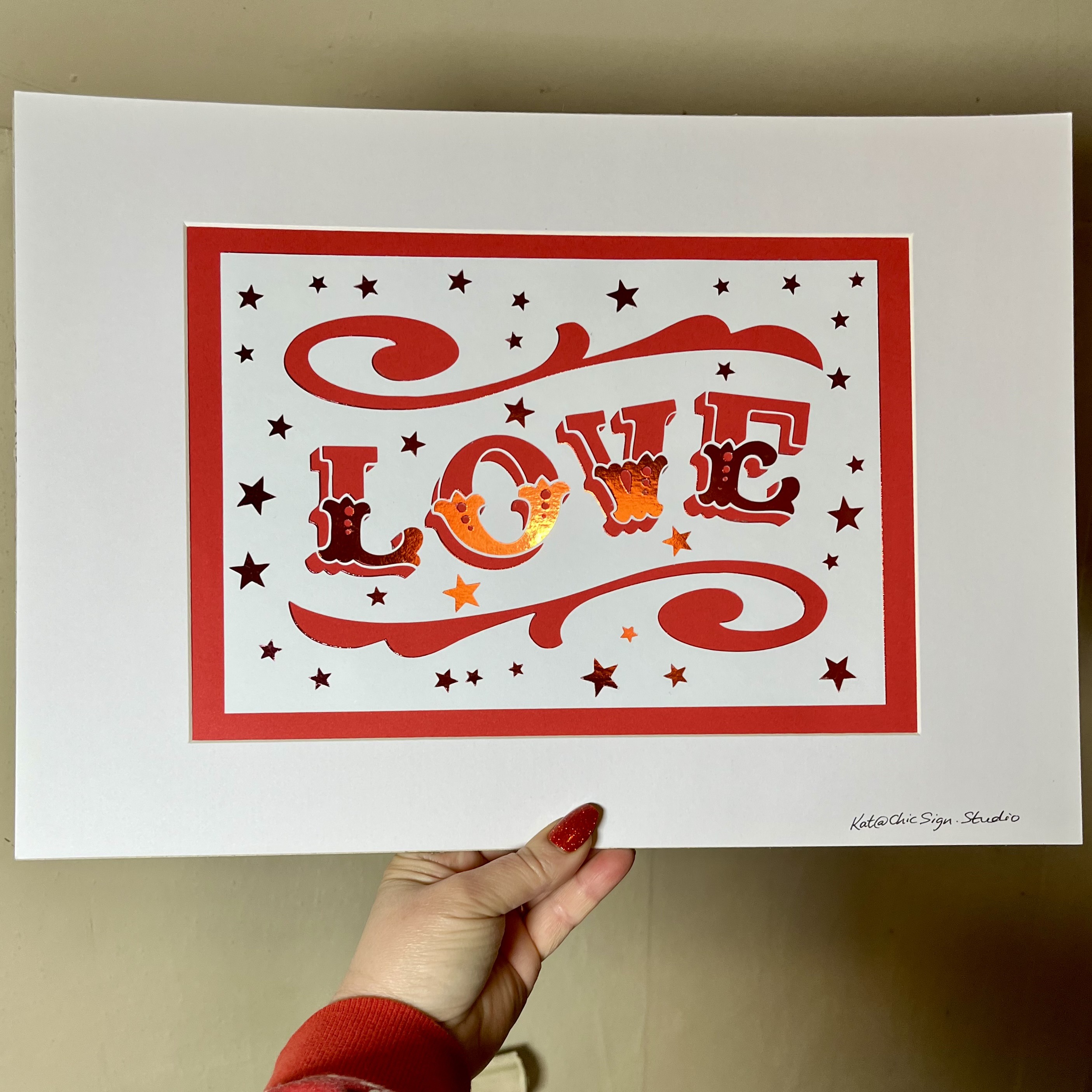 LOVE handfinished papercut lettering artwork with window mount and backing board in red, white & gold card