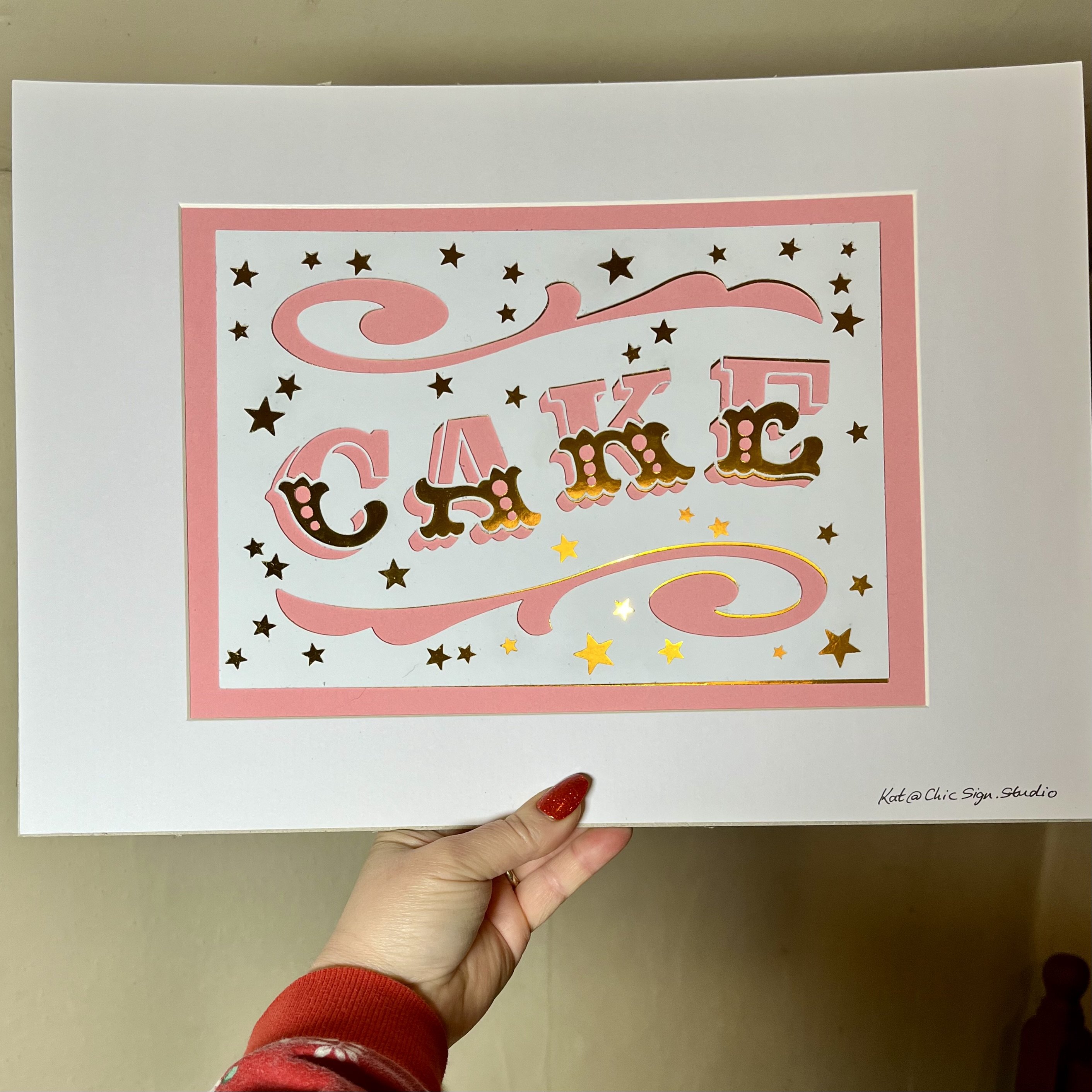 CAKE papercut lettering art A3 poster pink