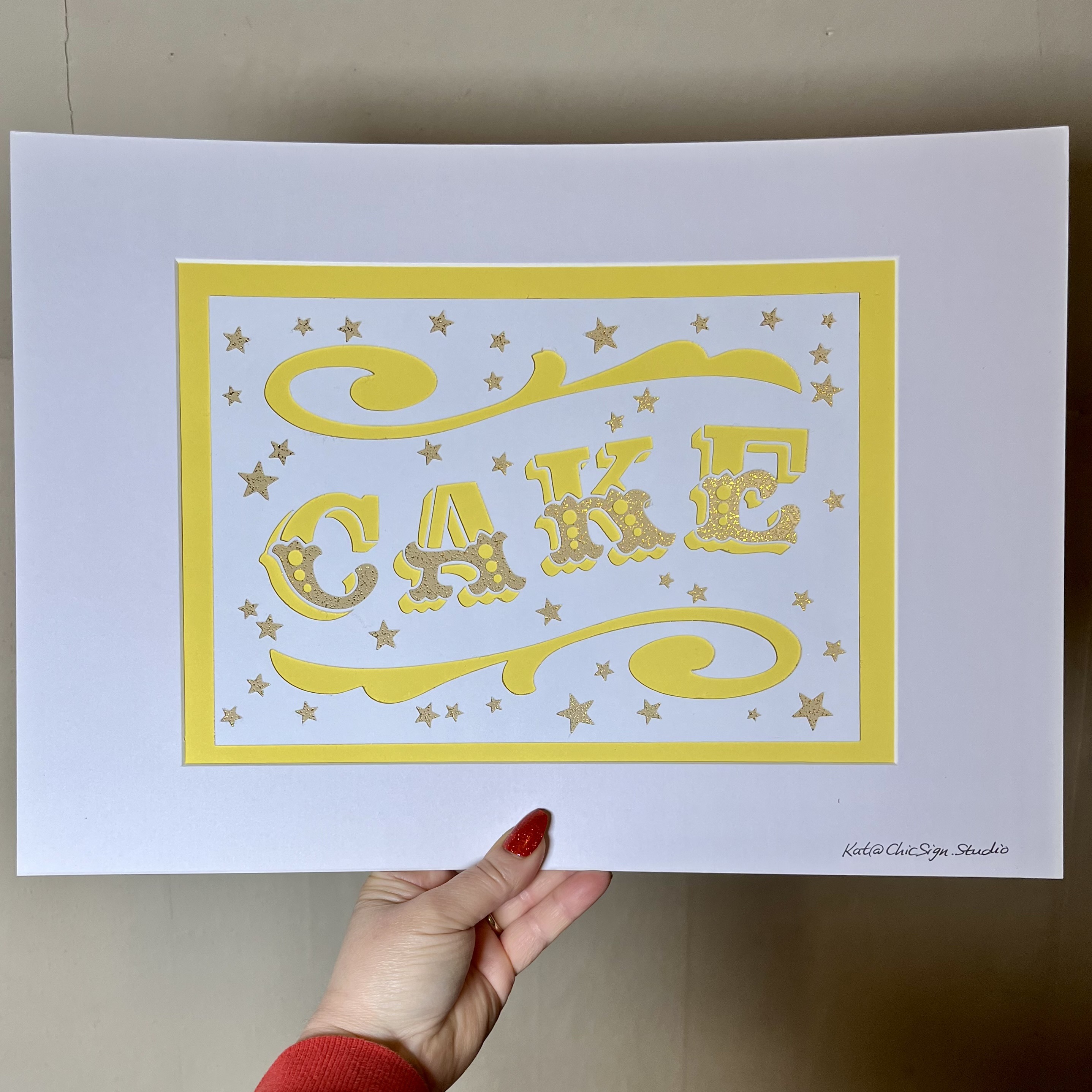 CAKE papercut lettering art A3 poster yellow