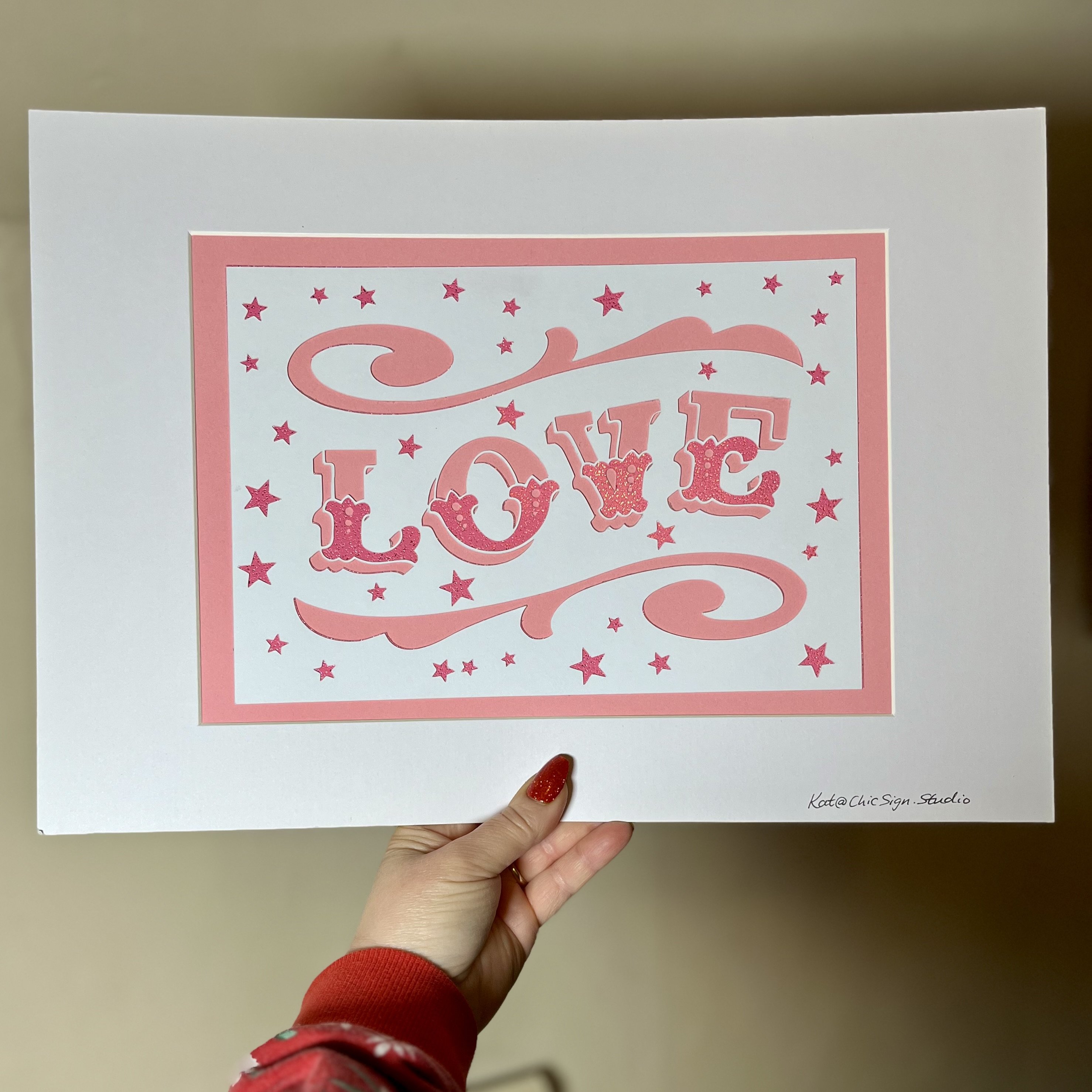 LOVE papercut lettering art A3 poster pink