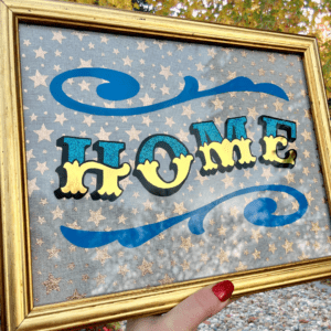 ‘HOME’ Glass Gold leaf Circus Style Lettering Artwork with Glitter and Decorative Scrolls