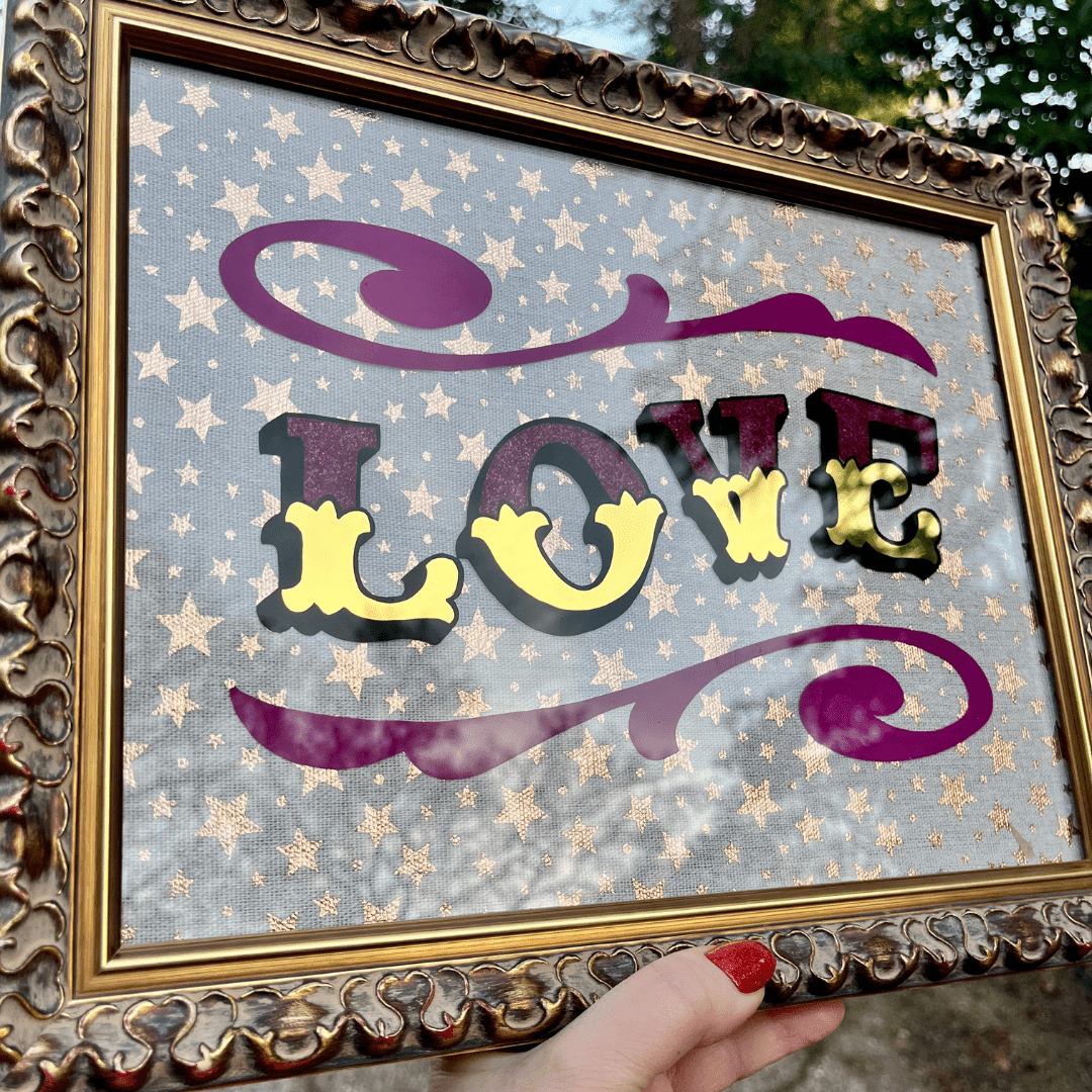 ‘LOVE’ Glass Gold leaf Circus Style Lettering Artwork with Glitter and Decorative Scrolls