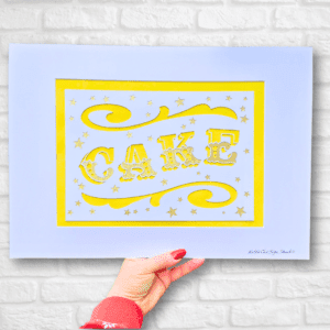 CAKE papercut lettering art A3 poster yellow