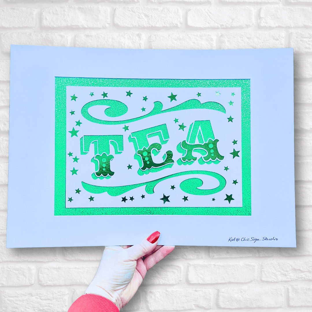 TEA papercut lettering art A3 poster green