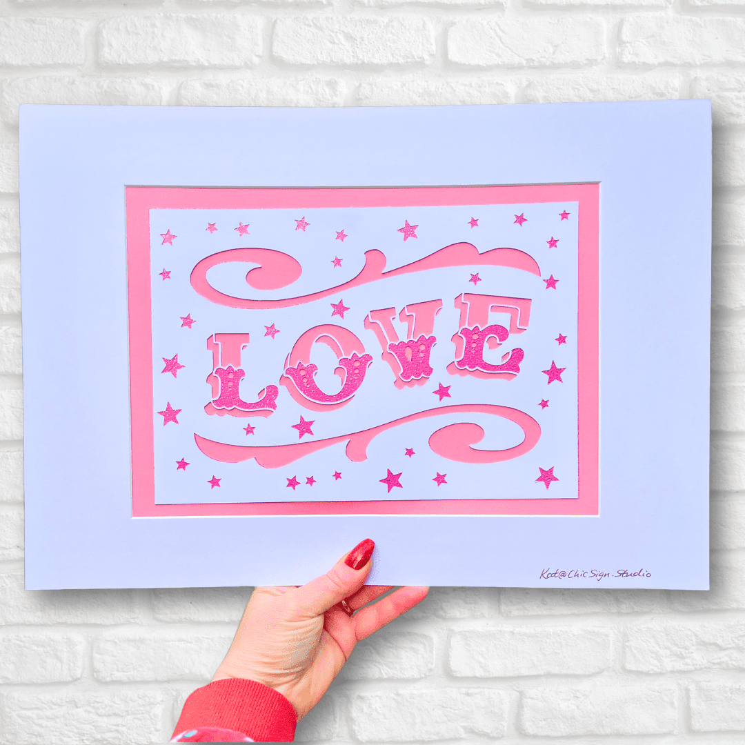 LOVE papercut lettering art A3 poster pink