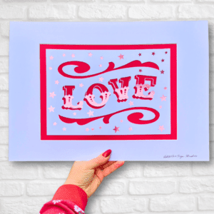 LOVE papercut lettering art A3 poster red &pink