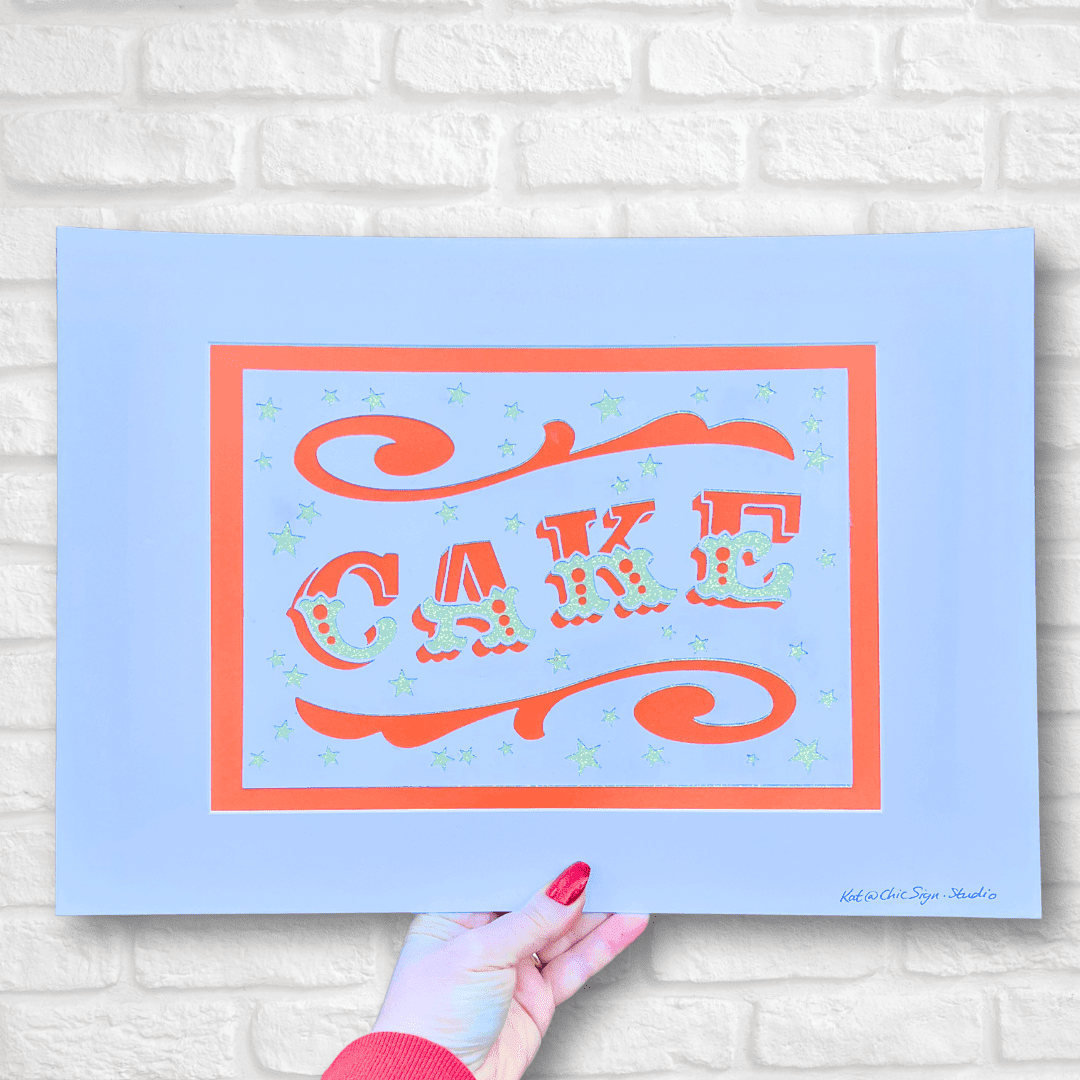 CAKE papercut lettering art A3 poster orange