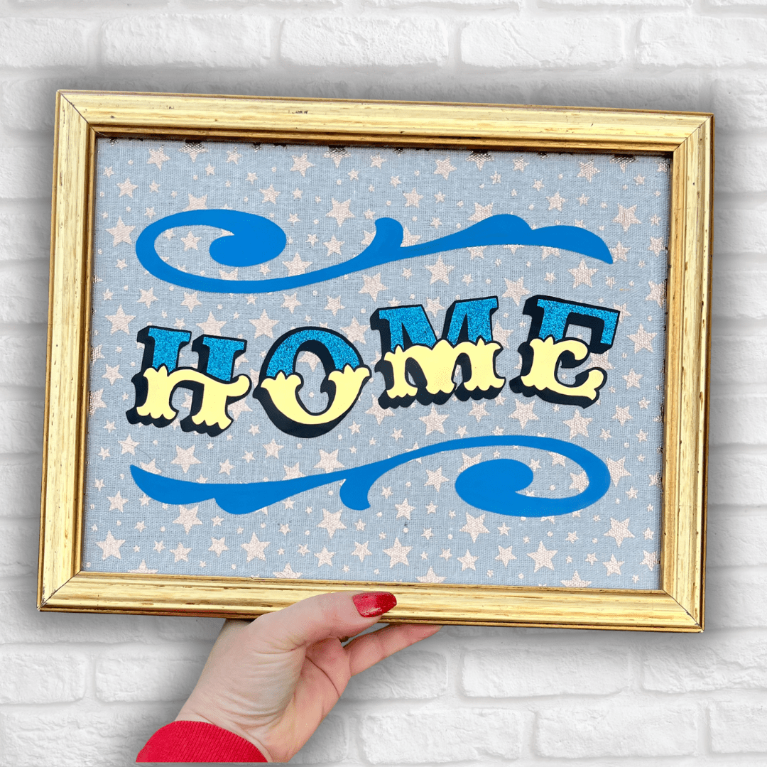 ‘HOME’ Glass Gold leaf Circus Style Lettering Artwork with Glitter and Decorative Scrolls