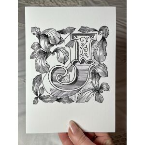 Ornamental Letter J Print – Hand-Drawn Acanthus Initial Greeting Card