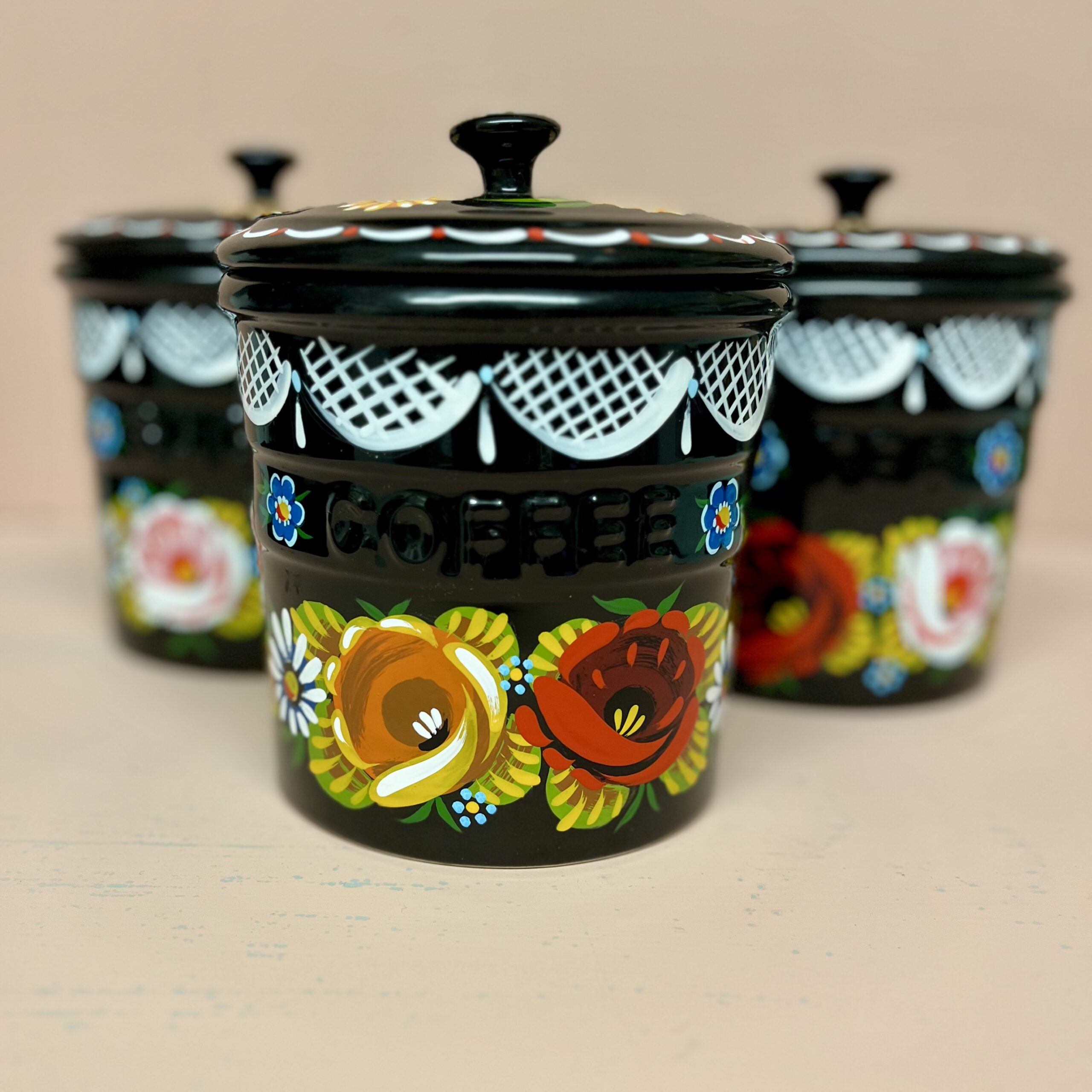 Canal Roses handpainted tea coffee & sugar ceramic pots