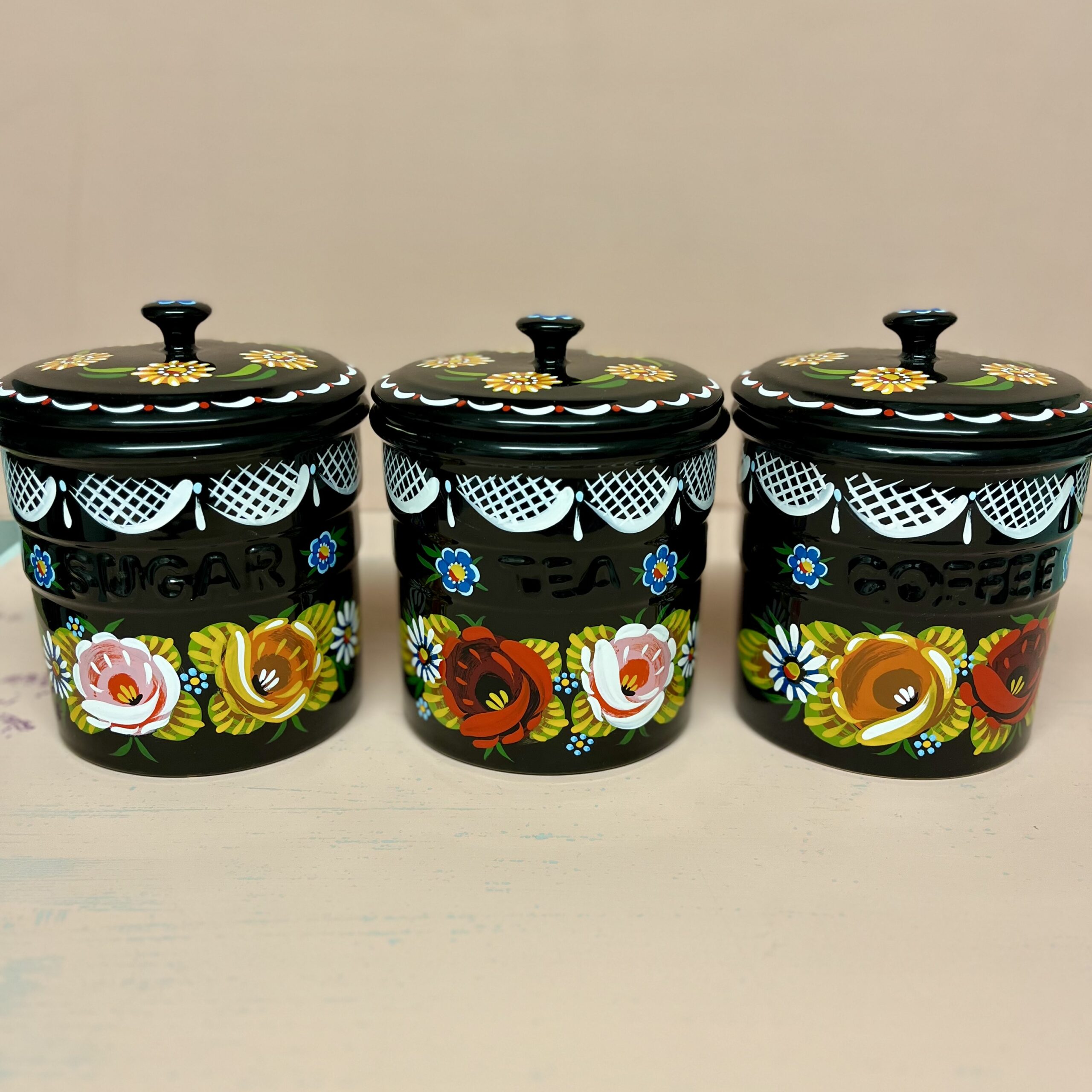 Canal Roses handpainted tea coffee & sugar ceramic pots