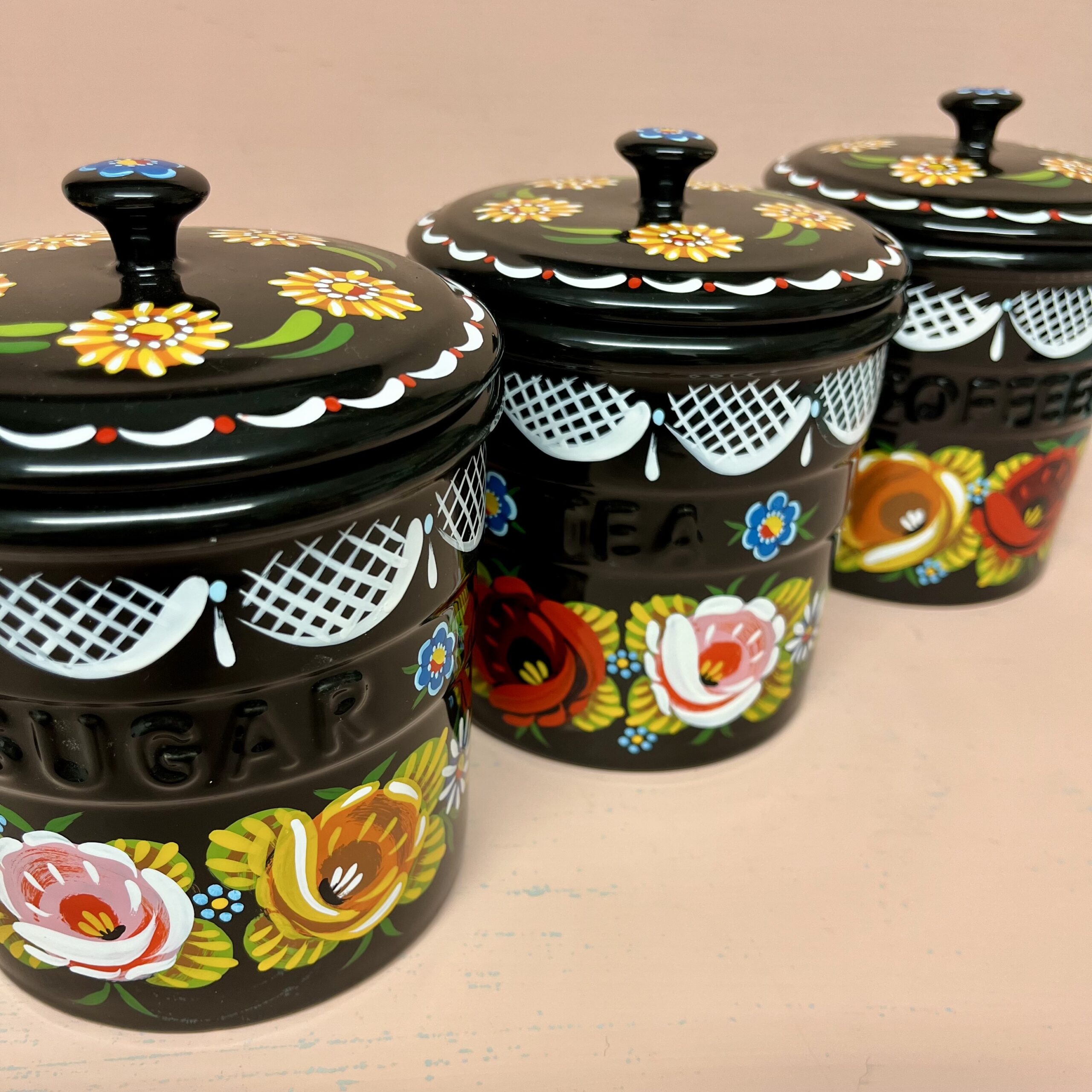 Canal Roses handpainted tea coffee & sugar ceramic pots