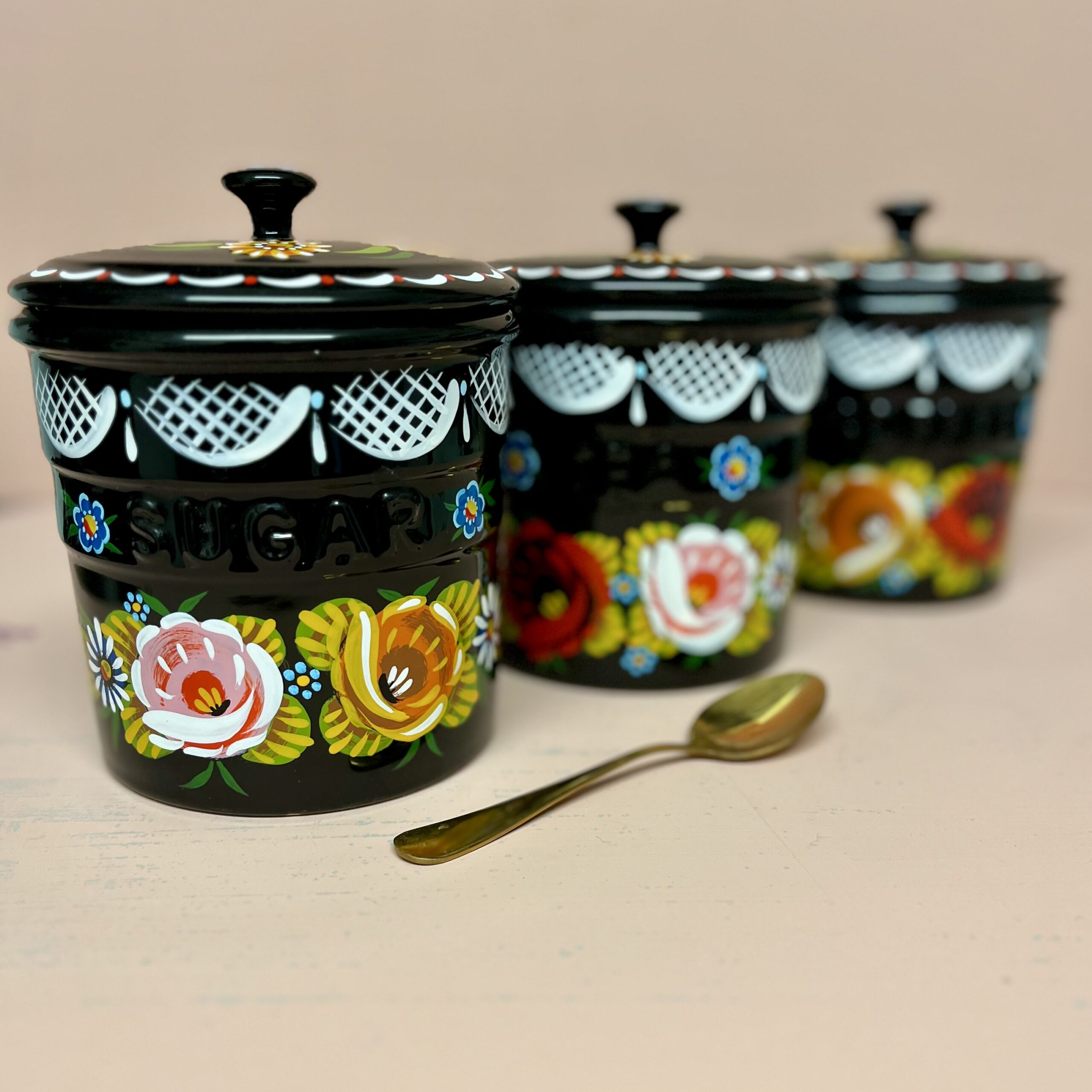 Canal Roses handpainted tea coffee & sugar ceramic pots