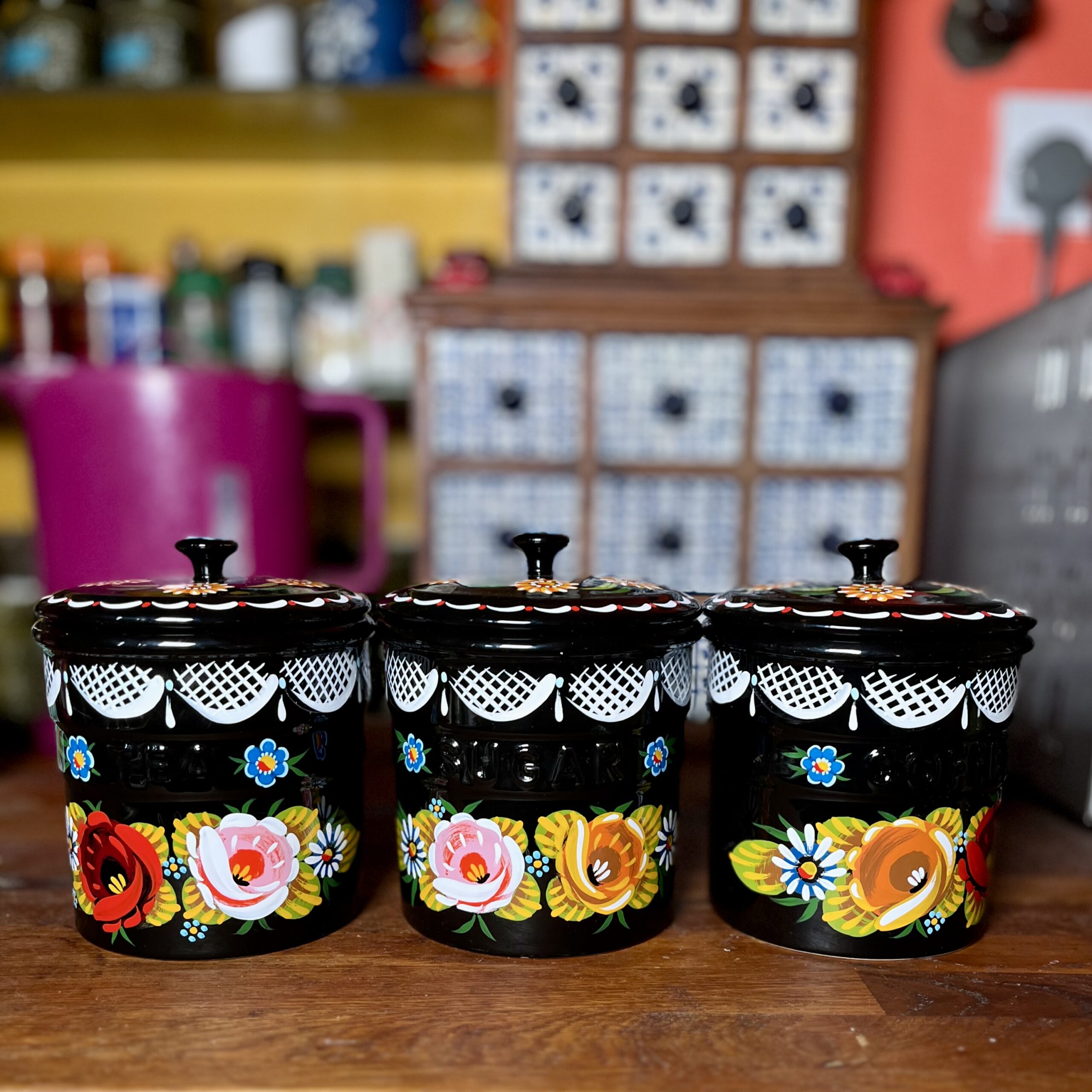 Canal Roses handpainted tea coffee & sugar ceramic pots in kitchen setting