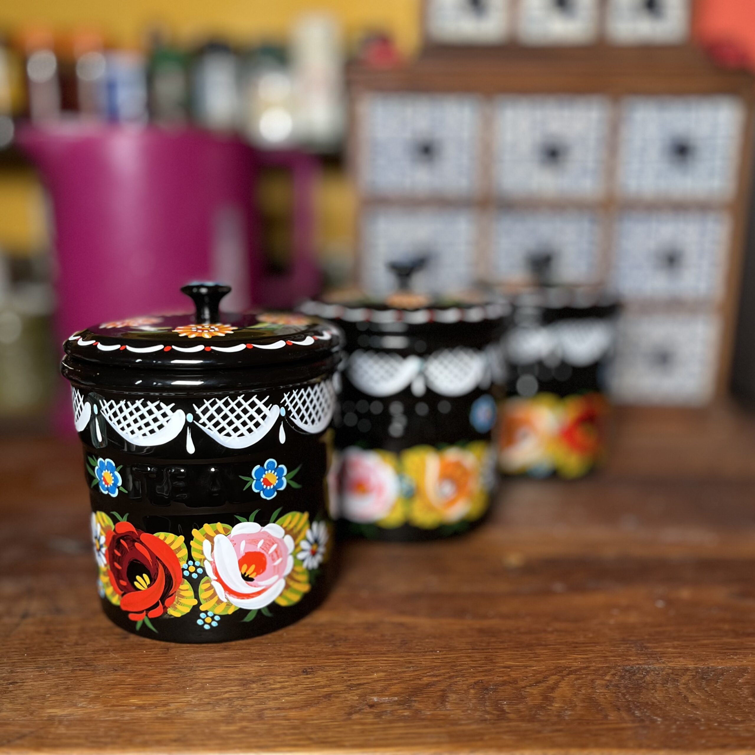 Canal Roses handpainted tea coffee & sugar ceramic pots in kitchen setting